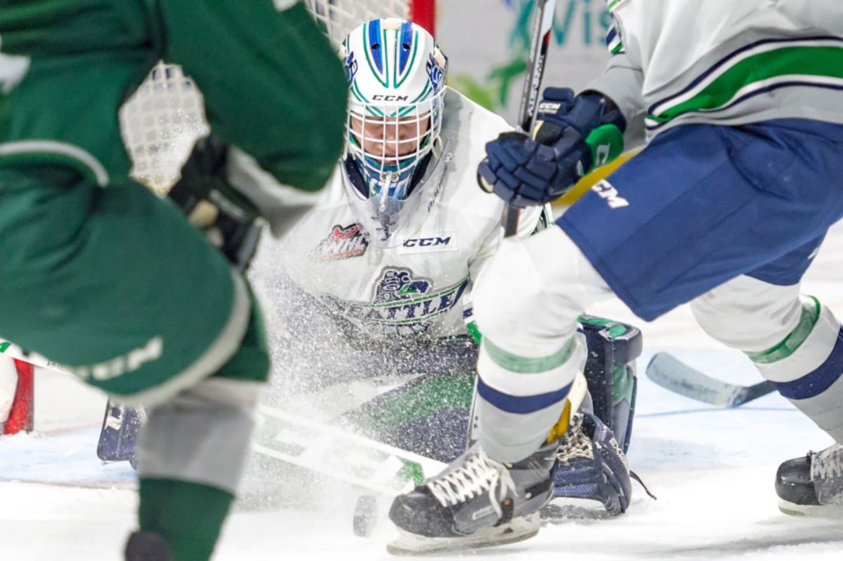 The Thunderbirds’ Rylan Toth finished the game with 38 saves on 41 shots, improving to 16-14-1-0 on the season. COURTESY PHOTO, Brian Liesse/T-Birds