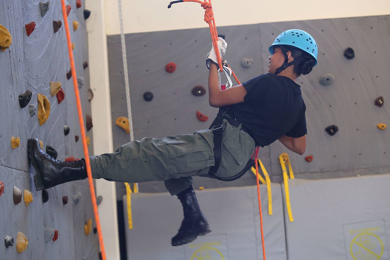 Cadet Sophia Coronado of Kent scales a wall during rappelling exercises at the Washington Youth Academy. COURTESY PHOTO, Steven Friederich, Washington Youth Academy