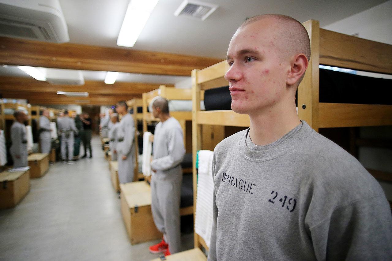 Auburn’s Steffan Sprague stands at attention in the barracks. COURTESY PHOTO, Steven Friederich, Washington Youth Academy
