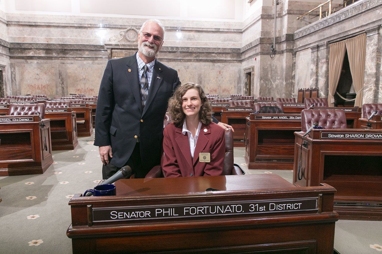 Auburn’s Akira White on the Senate floor with Sen. Phil Fortunato. COURTESY PHOTO, Washington State Legislature