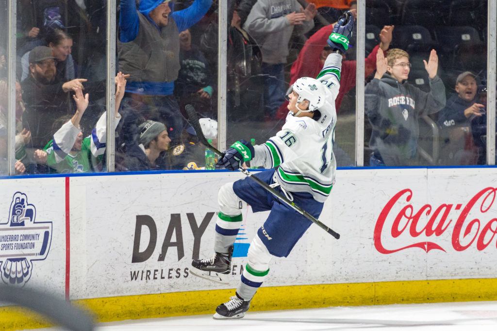 The Thunderbirds’ Alexander True celebrates his third-period goal in a 6-2 thumping of the Americans on Friday night at a packed ShoWare Center. COURTESY PHOTO, Brian Liesse/Thunderbirds