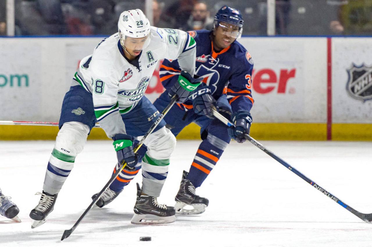 Seattle’s Keegan Kolesar maneuvers the puck against Kamloops in Western Hockey League play Tuesday night at the ShoWare Center. COURTESY PHOTO, Brian Liesse/T-Birds