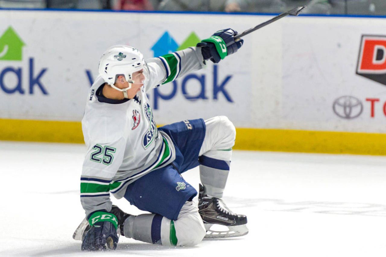 Ethan Bear has surpassed Shea Theodore for most career goals scored by a Thunderbird defenseman. COURTESY PHOTO, Brian Liesse, T-Birds