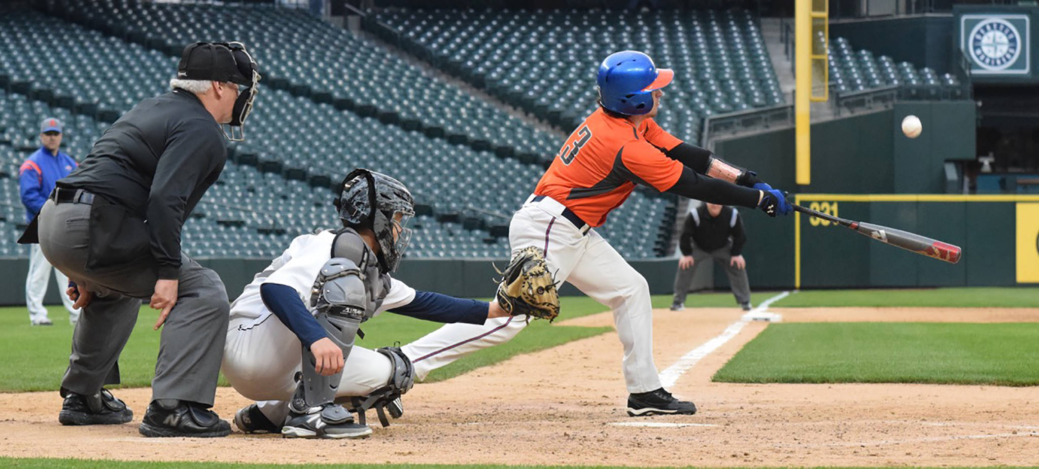 Greighsen Game connects for Auburn Mountainview against West Seattle at Safeco Field on Saturday. RACHEL CIAMPI, Auburn Reporter
