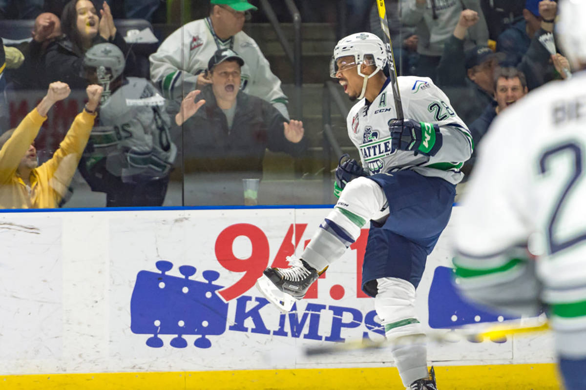 The Thunderbirds’ Keegan Kolesar celebrates after scoring one of his two goals during a 4-2 playoff win against the Americans on Friday night. COURTESY PHOTO, Brian Liesse/T-Birds