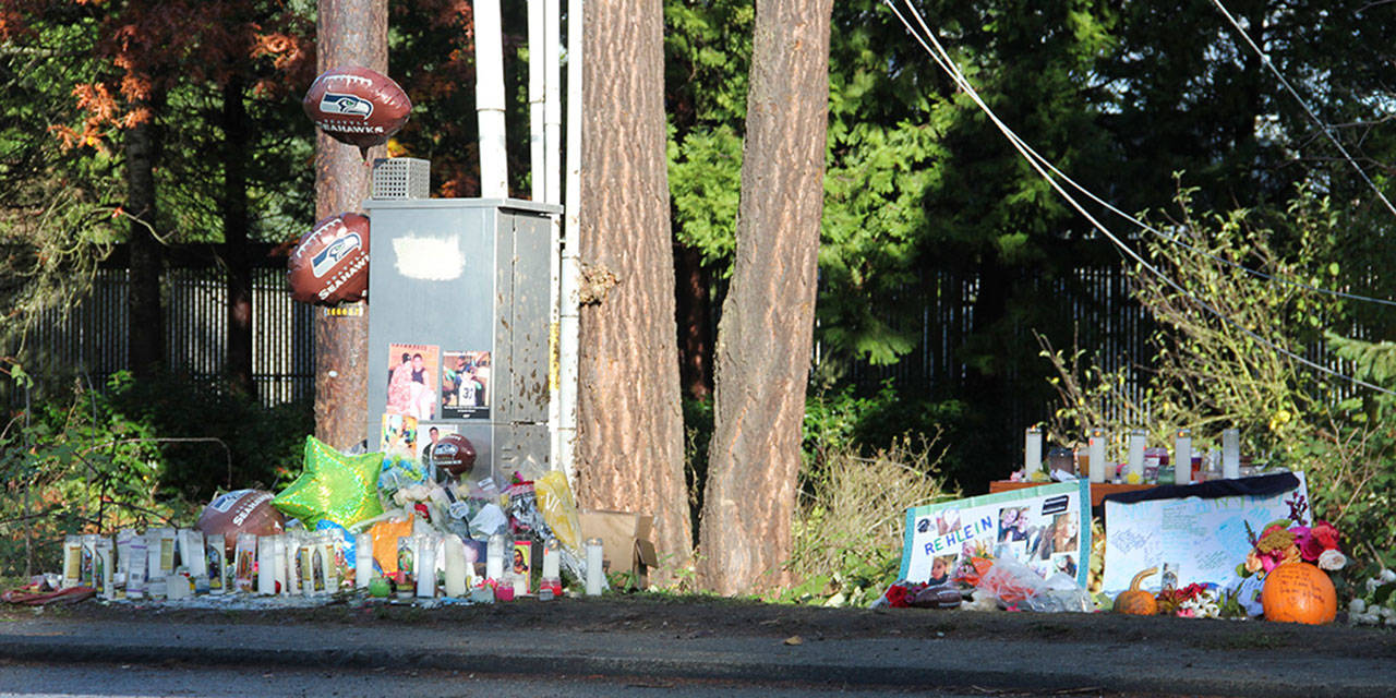 A memorial appears on Auburn Way South after a horrific accident that took four lives on Oct. 25, 2014. The driver, a Des Moines man, was found guilty last Friday of vehicular homicide, vehicular assault and reckless endangerment in the accident. REPORTER FILE PHOTO