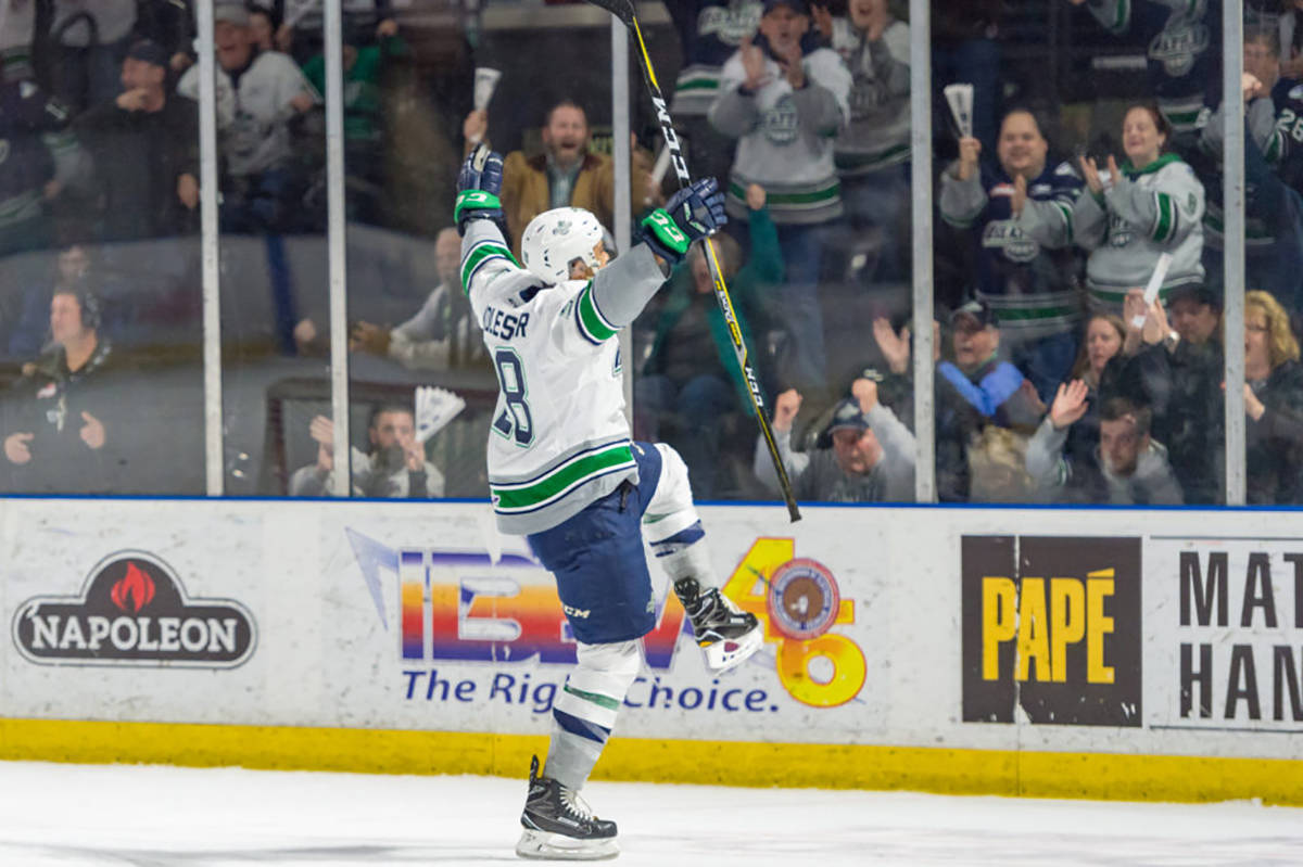The Thunderbirds’ Keegan Kolesar celebrates after scoring one of his two goals in a 4-1 win over the Silvertips at the ShoWare Center on Friday night. The T-Birds swept the series to advance to the Western Conference finals for the second straight WHL season. COURTESY PHOTO, Brian Liesse/T-Birds