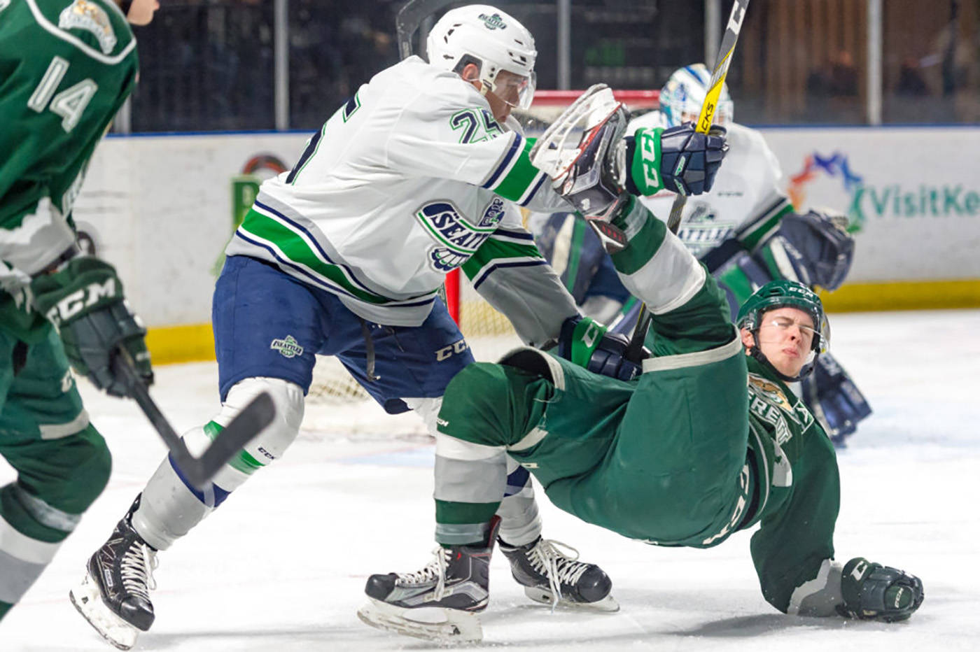 The Thunderbirds’ Ethan Bear upends a Silvertip during Seattle’s 6-1 victory at home on Feb. 26. The rivals meet in the WHL playoffs. COURTESY PHOTO, Brian Liesse, Thunderbirds