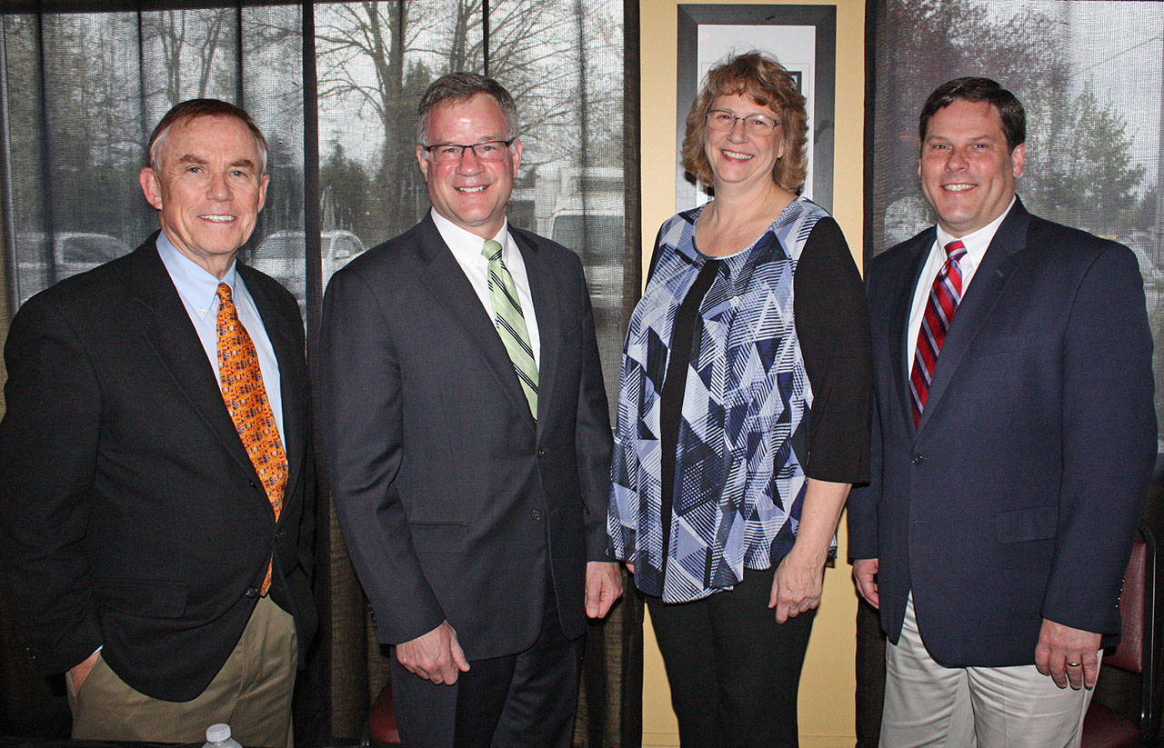 At the breakfast are, from left: King County Councilmember Pete von Reichbauer; Pierce County Executive Bruce Dammeier; Pacific Mayor Leanne Guier; and Federal Way Mayor Jim Ferrell. COURTESY PHOTO