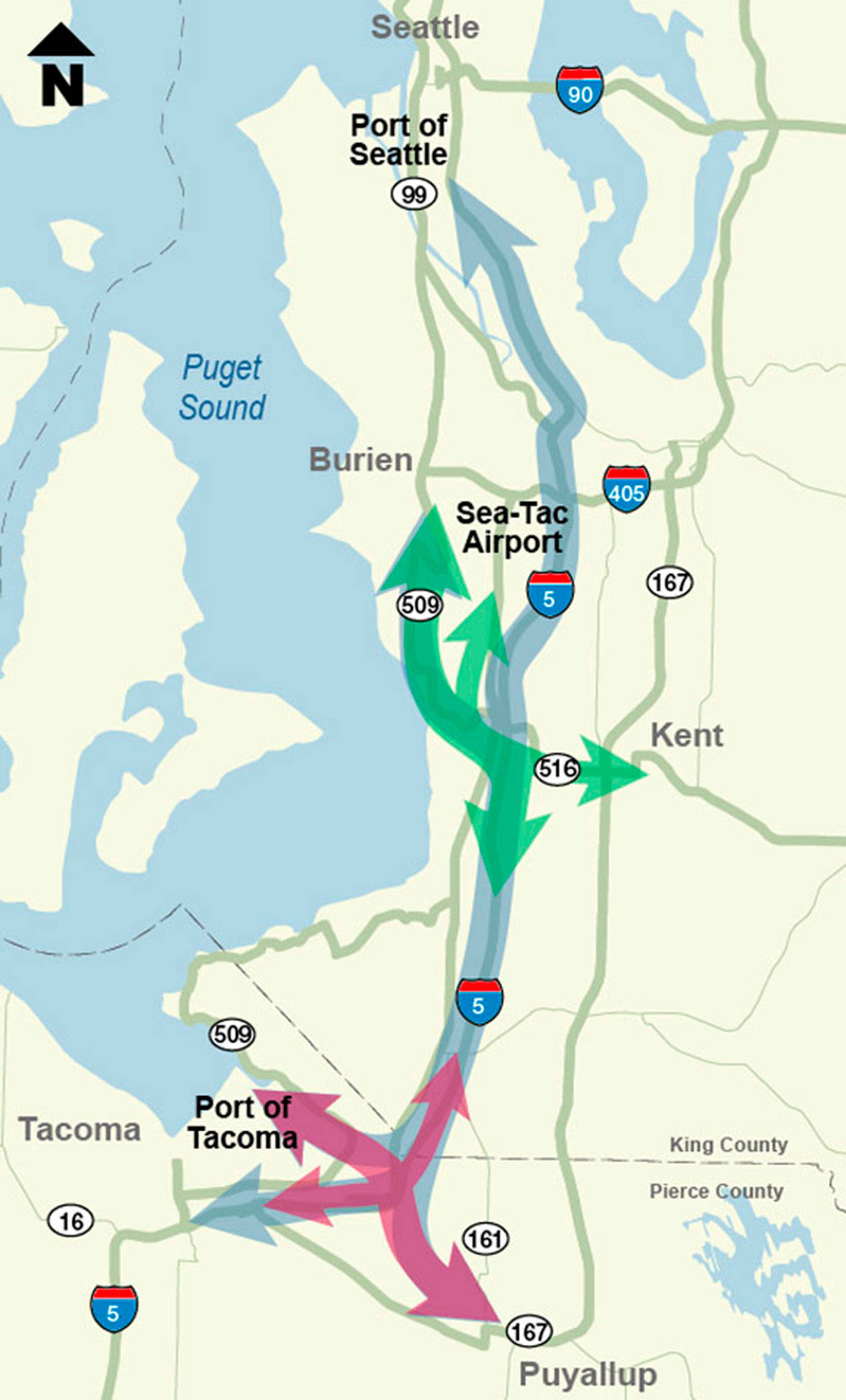 The State Route 167 and SR 509 extensions will complete the missing highway system links to Interstate 5 that offer commuter and freight mobility benefits through added capacity and improved connectivity. COURTESY MAP, WSDOT