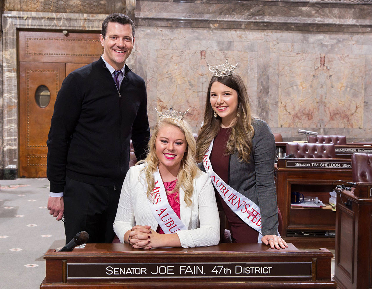 Miss Auburn Heather Haggin, middle, and Miss Auburn’s Outstanding Teen Elizabeth Enz join Sen. Joe Fain in Olympia. COURTESY PHOTO, Washington State Legislature