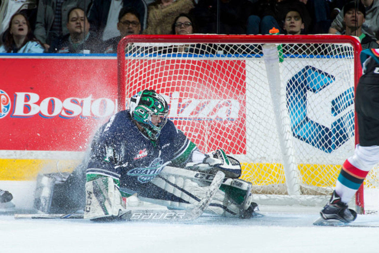 Thunderbirds goalie Carl Stankowski makes a second-period save, one of his 34 in 2-1 win over Kelowna on Tuesday night. COURTESY PHOTO, Marissa Baecker/Shoot the Breeze