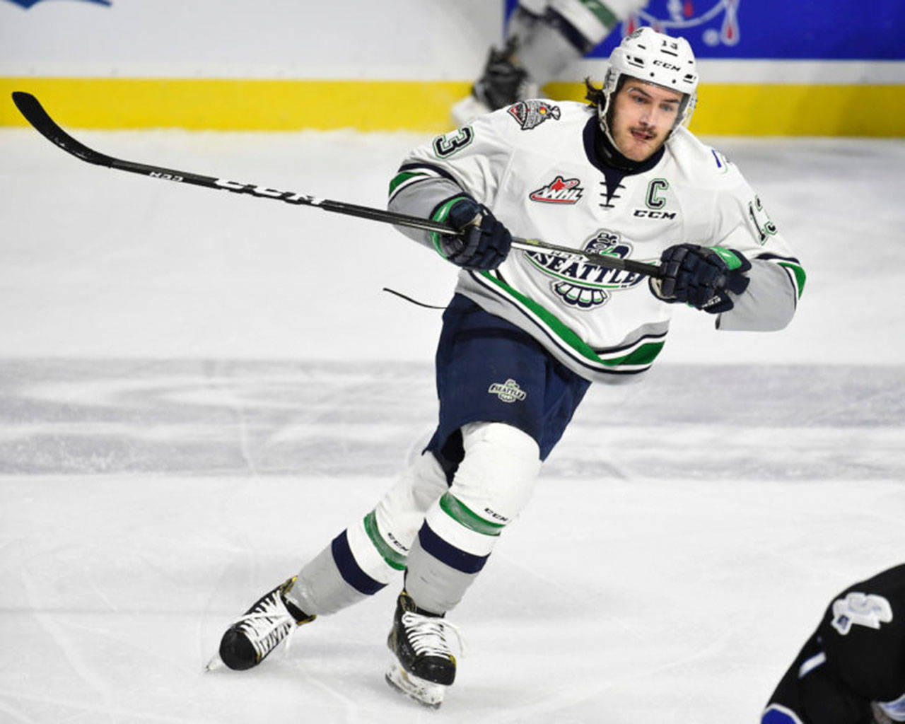 The Thunderbirds’ Mathew Barzal skates up the rink during Memorial Cup play against the Saint John Sea Dogs on Tuesday. COURTESY PHOTO, Aaron Bell/CHL Images