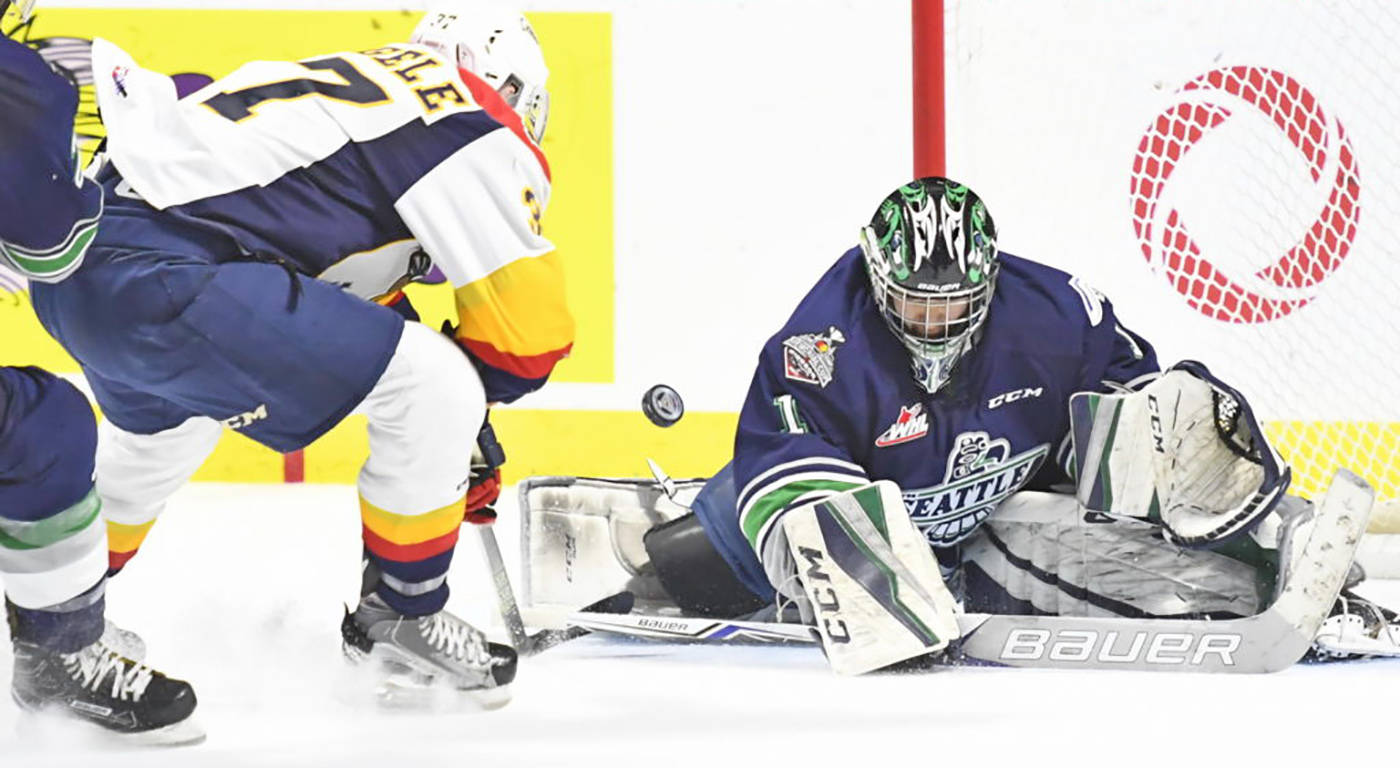 Thunderbirds goalie Carl Stankowski makes one of his 31 saves against Erie at the Memorial Cup on Saturday. COURTESY PHOTO, Aaron Bell/CHL Images