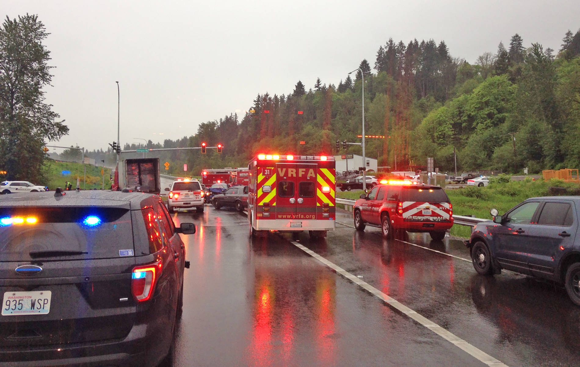 VRFA units arrive on the scene of a multi-vehicle crash at the southbound State Route 167 off-ramp to Ellingson Road in Pacific on Monday that claimed the life of a man in his 30s. COURTESY PHOTO, Valley Regional Fire Authority