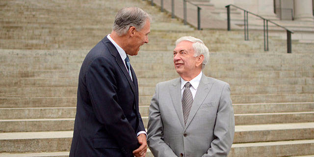 Gov. Jay Inslee, left, with former Gov. Mike Lowry. Courtesy Photo, Washington Office of the Governor