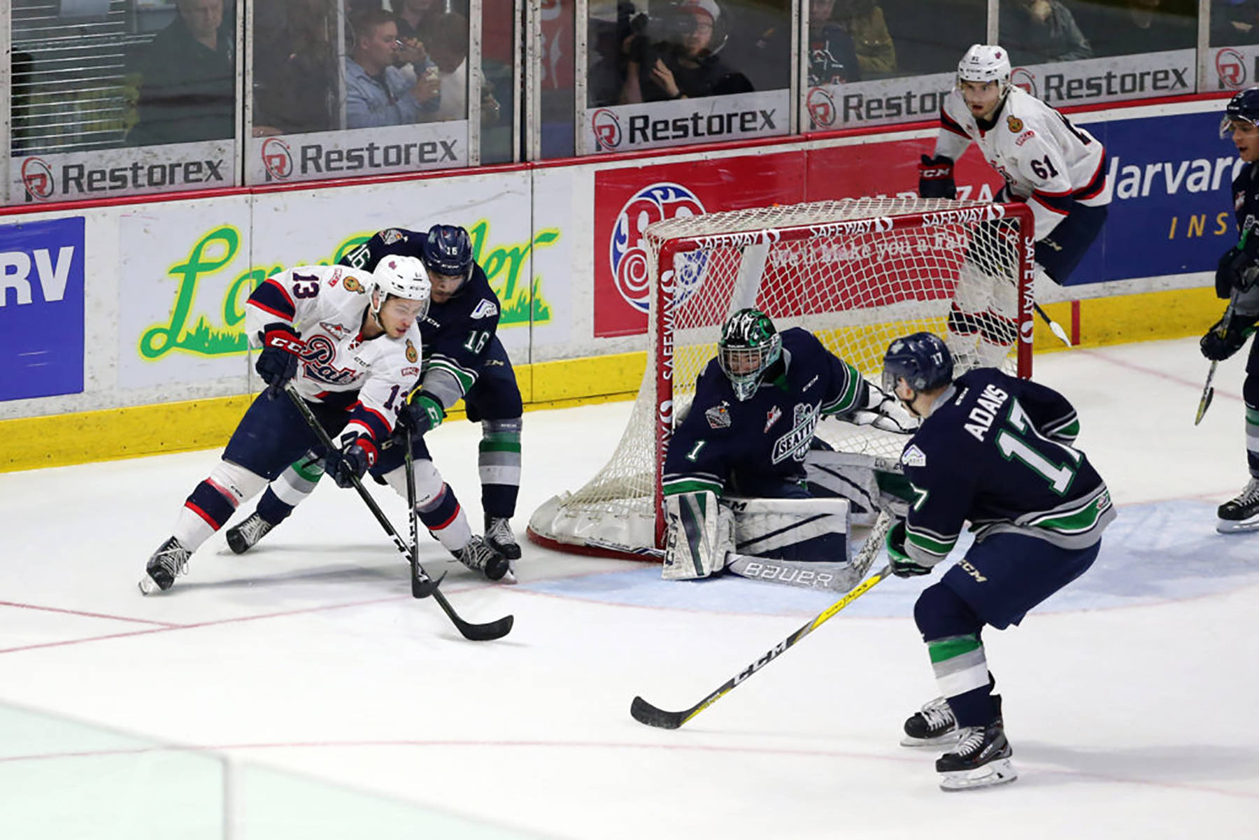 The Pats’ Wyatt Sloboshan tries to position himself to take a shot as the Thunderbirds defense collapses during Game ! action of the WHL championship series Friday night in Regina, Saskatchewan. COURTESY PHOTO, Keith Hershmiller