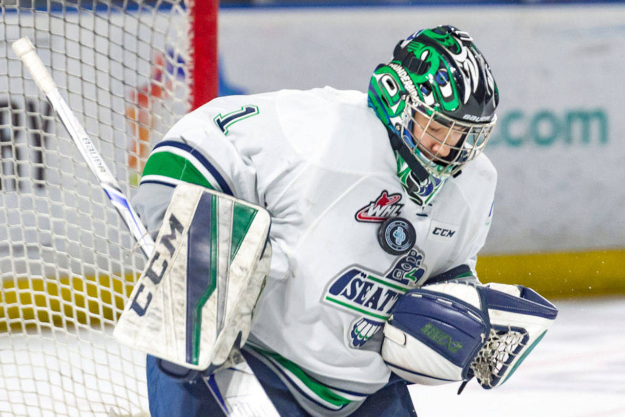 Carl Stankowski makes a save for the Thunderbirds during the 2017 WHL playoffs. COURTESY PHOTO, Brian Liesse/T-Birds