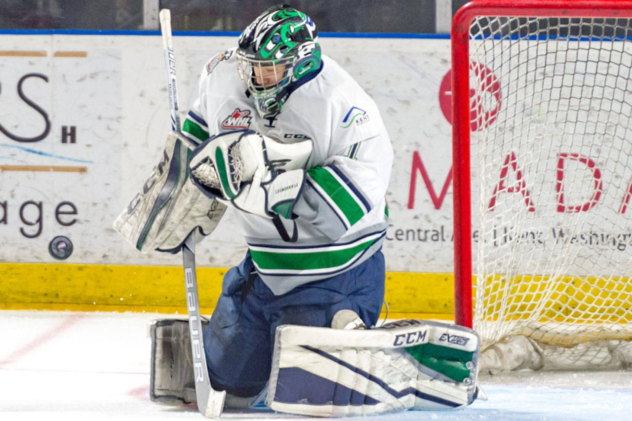 Carl Stankowski was outstanding between the pipes in leading the Thunderbirds to the WHL crown this season. COURTESY PHOTO, Brian Liesse, T-Birds