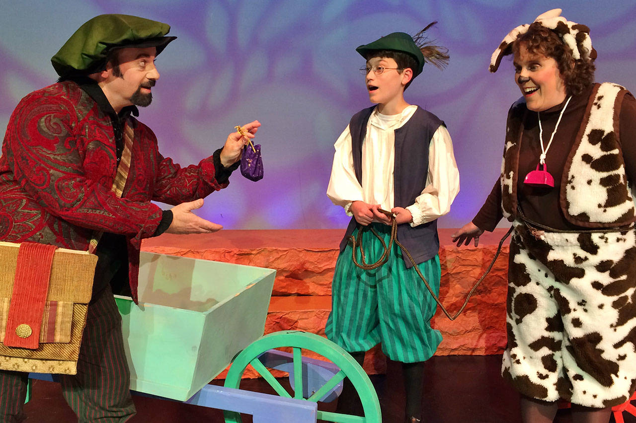 From left, Kevan Hanley as the peddler, Sawyer Englund as Jack and Noreen Johnson-LaTour as Bossy the cow in Heavier Than Air Family Theatre Company’s musical rendition of‘Jack & The Giant.’ COURTESY PHOTO