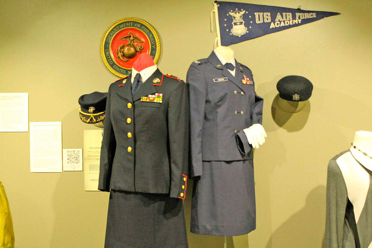 For all to see: The uniforms of Col. Vera Jones, a Marine in the Vietnam War, and Vonnie Carlson’s Air Force uniform from 1975. COURTESY PHOTO, Brandon Gustafson