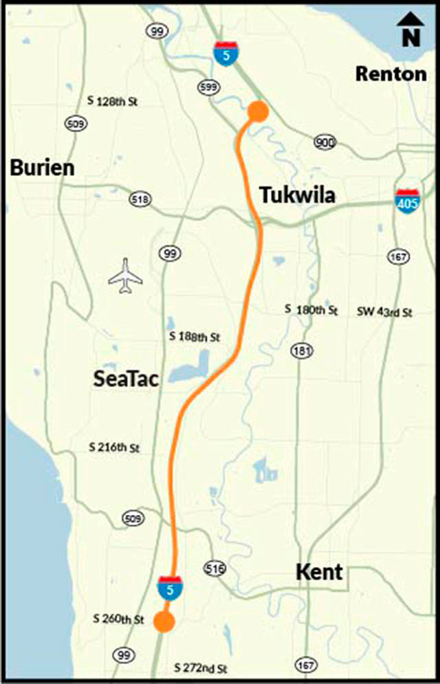 WSDOT is rehabilitating about 10 miles of northbound I-5 from South 260th Street in Des Moines to the Duwamish River. COURTESY MAP, WSDOT