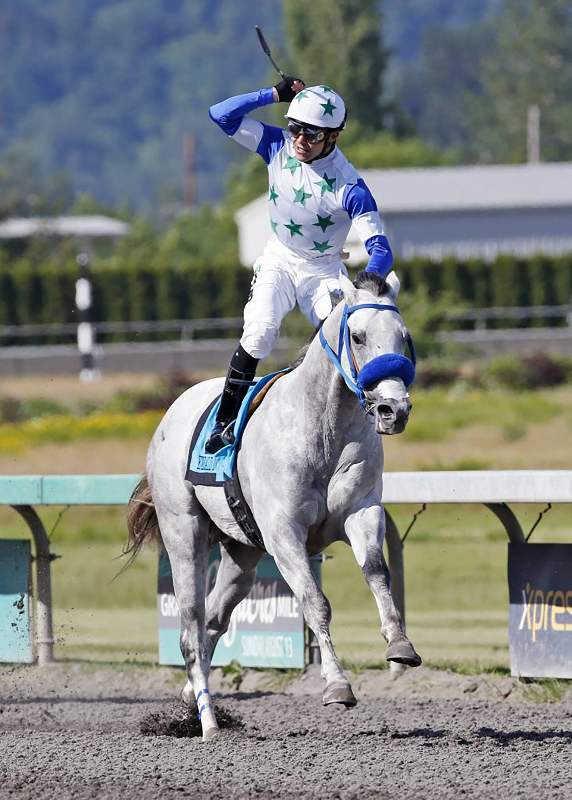 Eswan Flores exults after guiding Riser to a resounding win in the $50,000 Coca-Cola Stakes for 3-year-old colts and geldings on Sunday. COURTESY PHOTO, Emerald Downs.