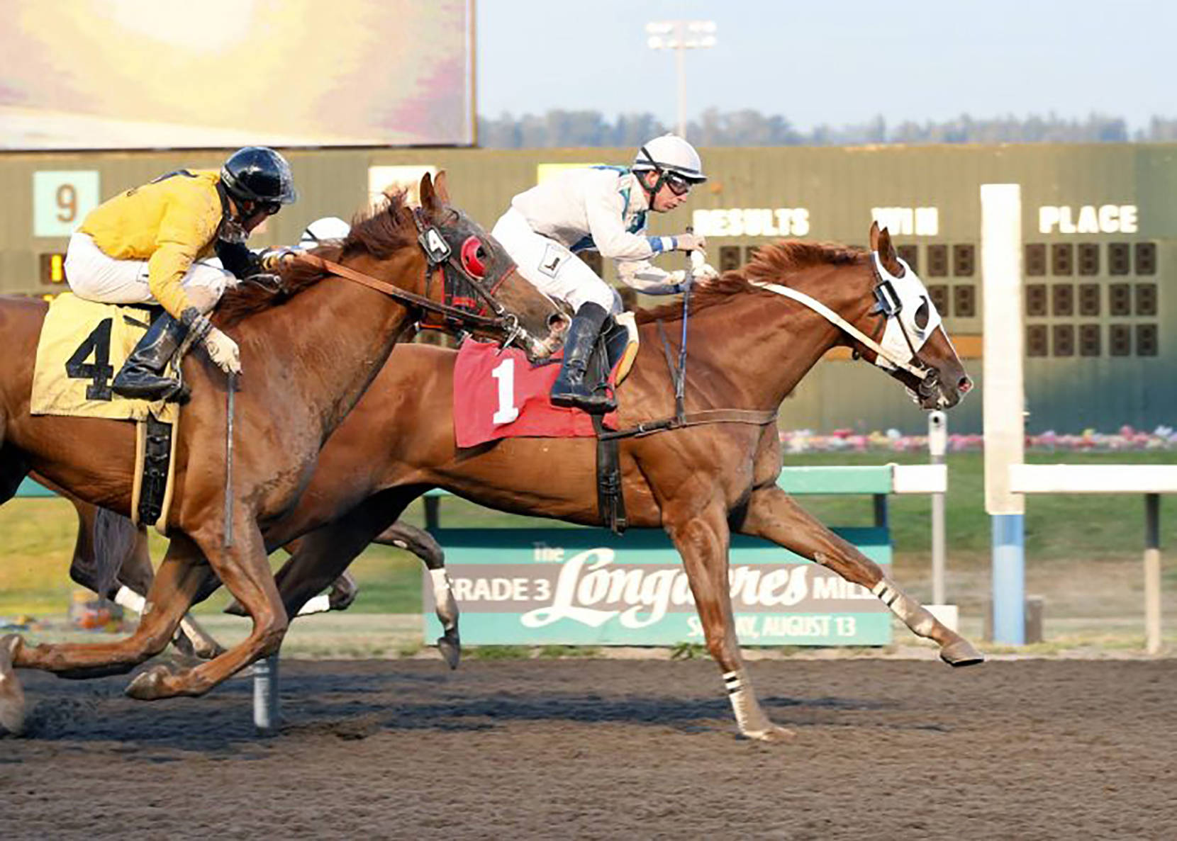 Blackford, with Julien Couton up, roll to an upset win in the $11,200 Muckleshoot Casino Purse on Monday evening at Emerald Downs. COURTESY PHOTO