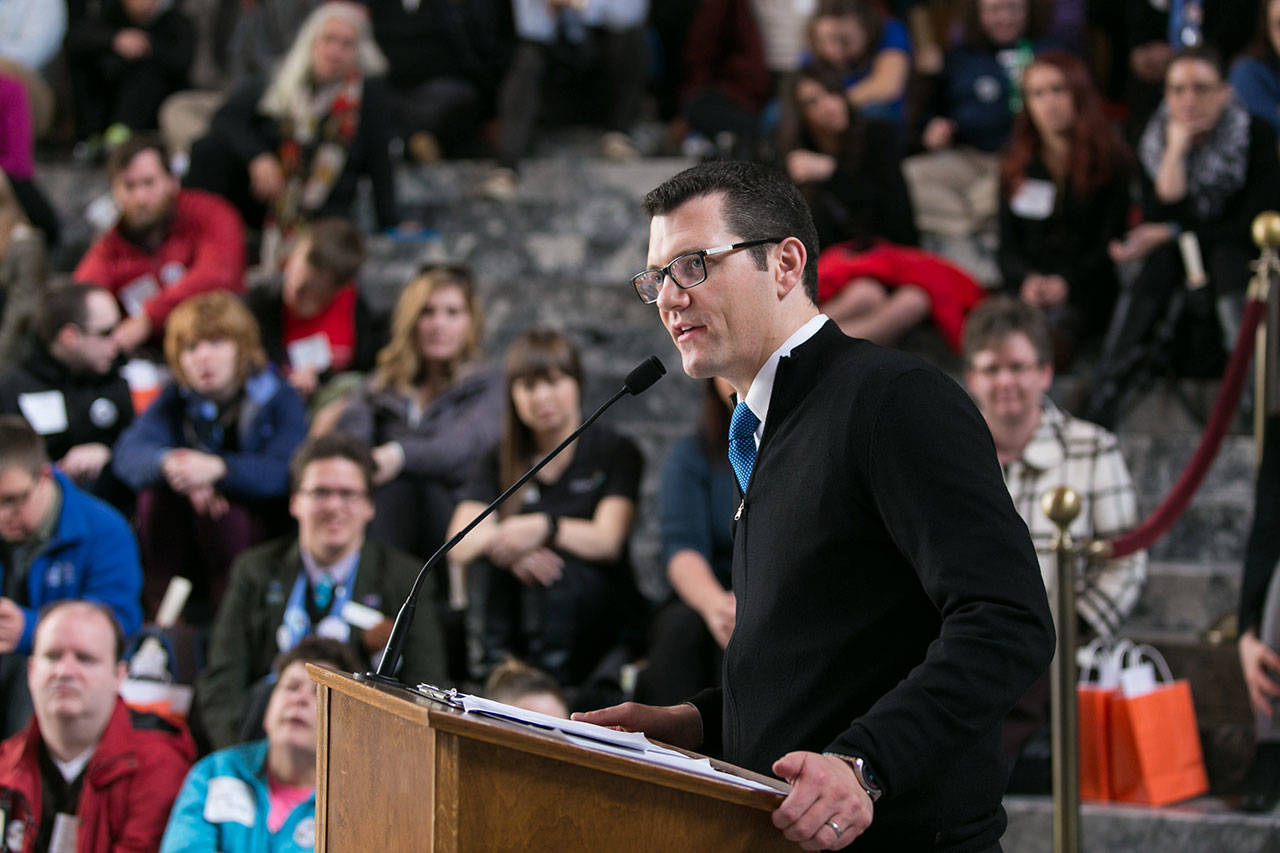 Sen. Joe Fain, R-Auburn, legislators and constituents gather in the Rotunda earlier this year to talk about rights – mainly equal employment opportunities – for individuals with disabilities. COURTESY PHOTO