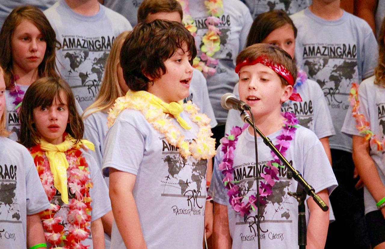 Summer Choir campers Astrid and Arwen Forsythe, Samuel Molinas and Carter Harrison, perform in the August concert. COURTESY PHOTO, Heather Rutledge