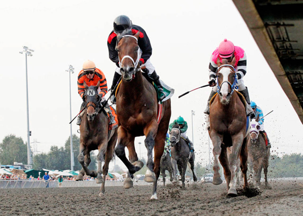Elliott Bay holds off Sippin Fire in the WTBOA Lads Stakes earlier this season. COURTESY TRACK PHOTO