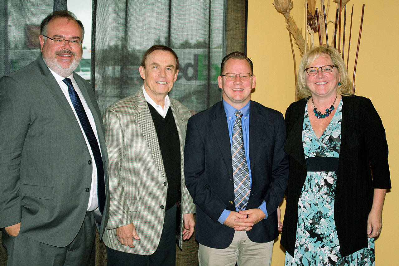 At the breakfast were, from left: Alan Spicciati, Auburn School District superintendent; King County Council member Pete von Reichbauer; state Superintendent Chris Reykdal; and Becca Martin, Federal Way Chamber of Commerce CEO. COURTESY PHOTO