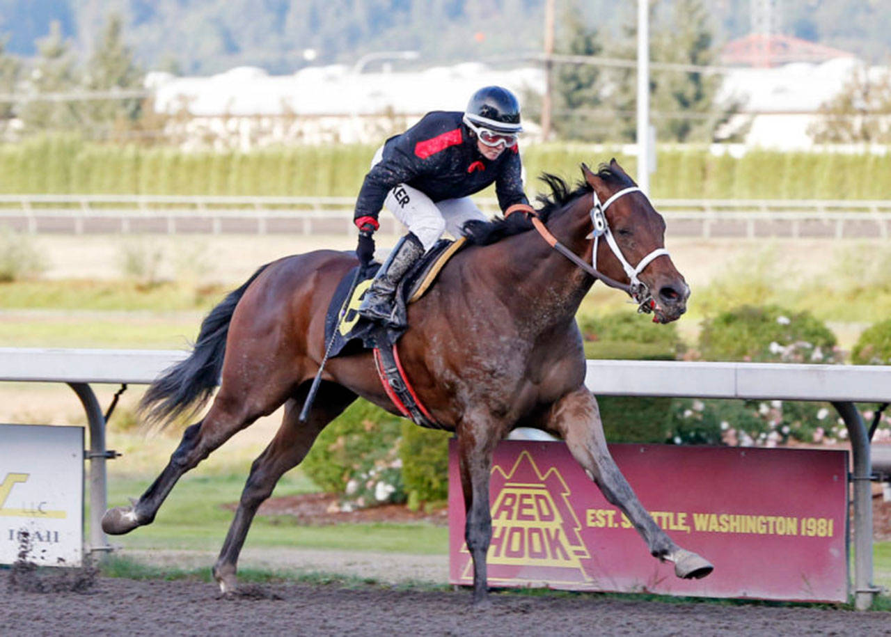 Jennifer Whitaker guides Elliott Bay to a 1½-length victory Sunday in the $95,000 Gottstein Futurity on closing day at Emerald Downs. COURTESY TRACK PHOTO