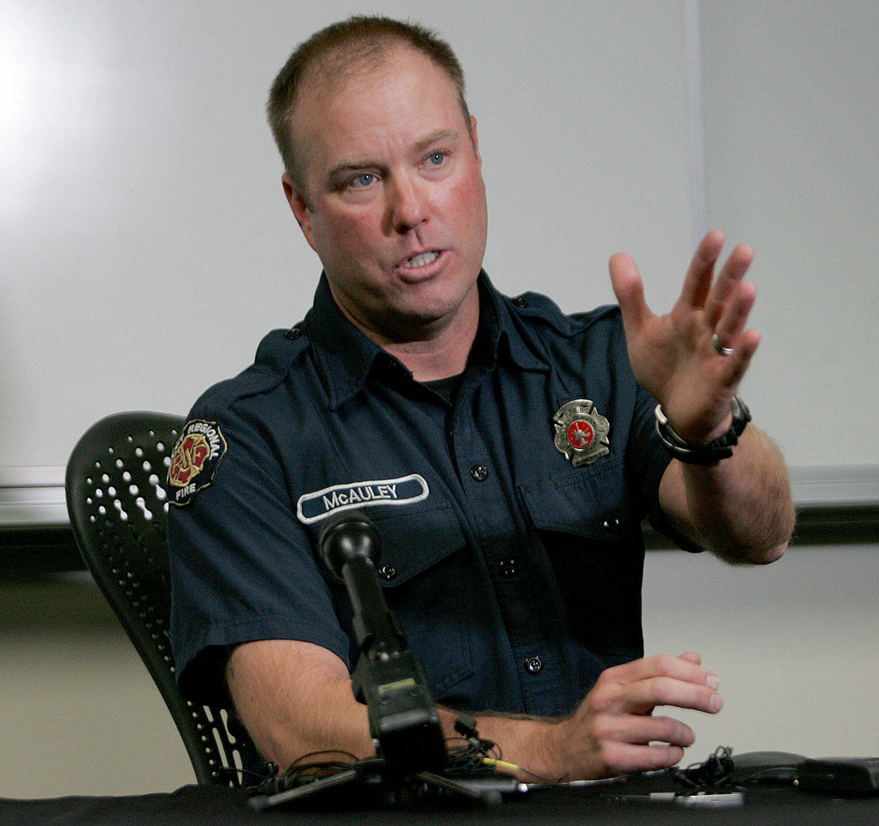 Telling his story: Valley Regional Fire Authority Firefighter/EMT Dean McAuley was in attendance during the Route 91 Harvest Festival and subsequent shooting incident in Las Vegas on Sunday night. He came to the aid of a young woman and others who were injured by gunfire. An emotional McAuley described his story to reporters at VRFA Station 31 on Wednesday. DENNIS BOX, Reporter