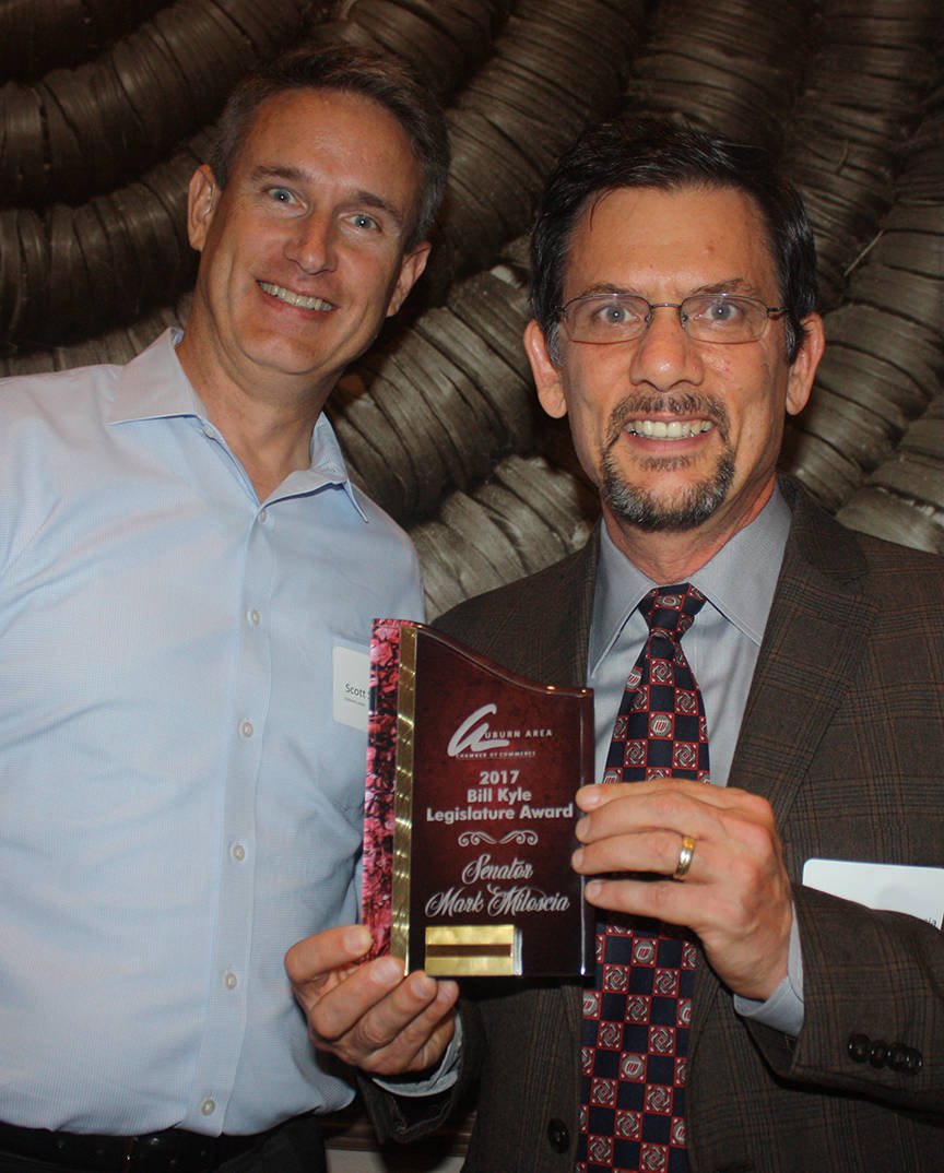 Sen. Mark Miloscia, right, received the Legislator of the Year award. With him is Scott Shoemaker, chair of the Auburn Area Chamber of Commerce board of directors. MARK KLAAS, Auburn Reporter