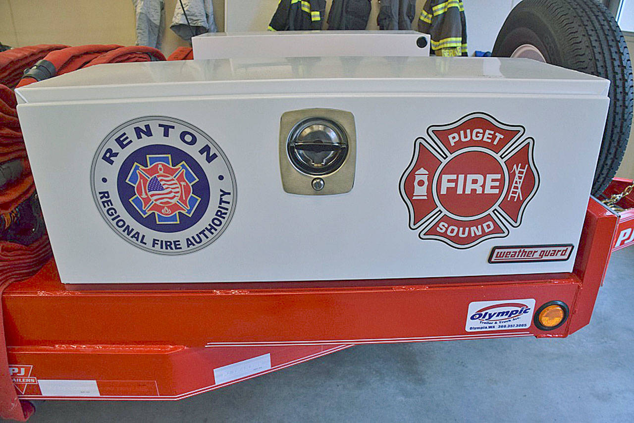 Local firefighters are supplied with a new tool – trailers that each carry 660 gallons of a foam concentrate that, when injected into a fire hose, can suppress flammable liquids and extinguish them if they are already burning, or create an airtight barrier to prevent them from catching fire. COURTESY PHOTO, Puget Sound Fire Authority