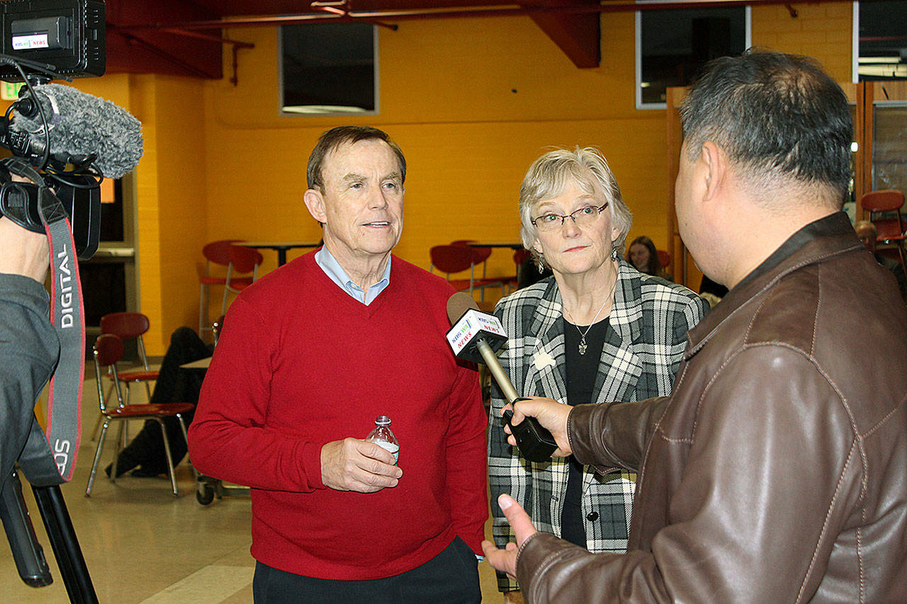 King County Councilmember Pete von Reichbauer and Patty Hayes, director of Public Health Seattle & King County, interview with Korean Broadcast Services prior to the Dec. 5 town hall. COURTESY PHOTO