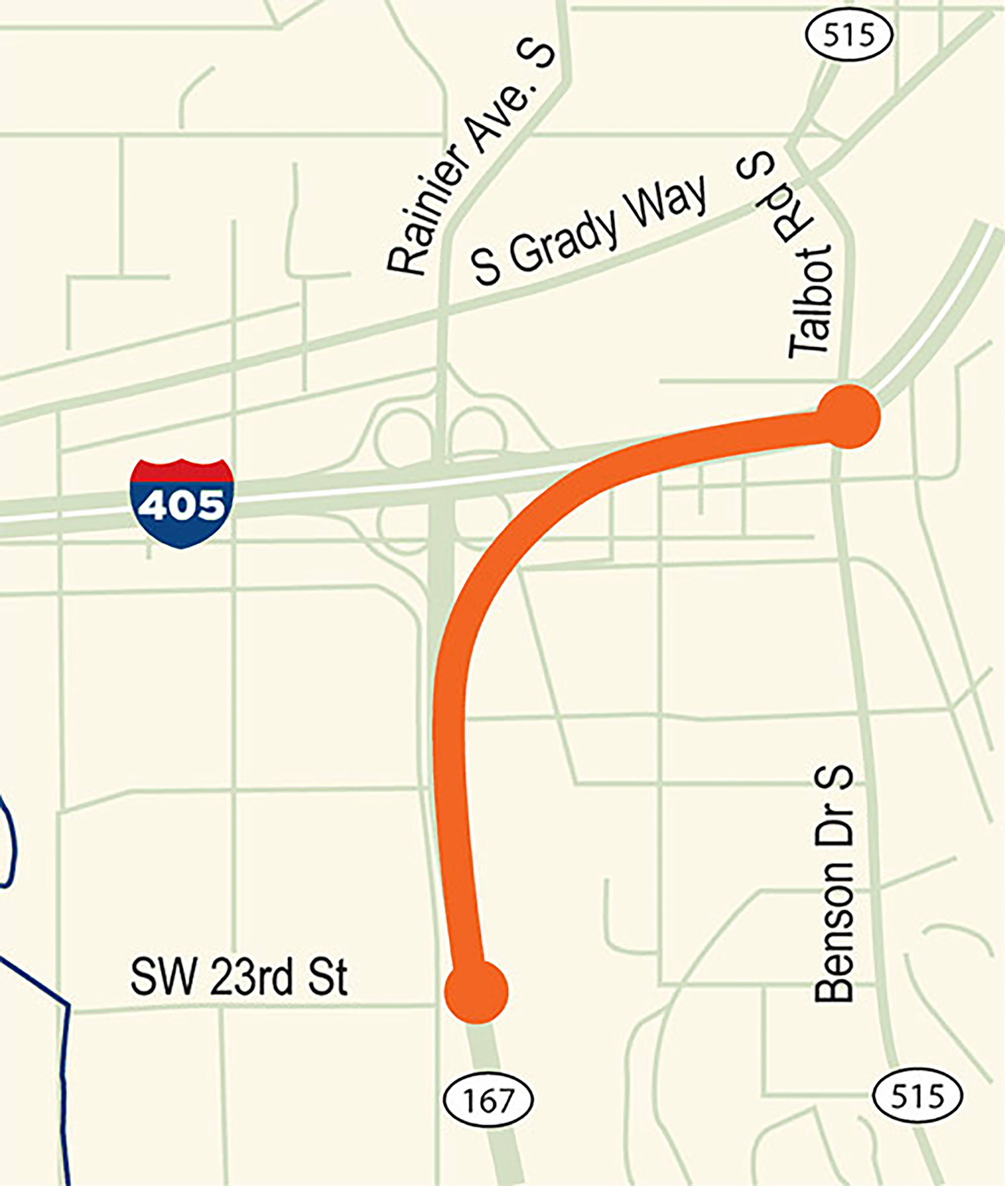 WSDOT will build a new flyover ramp connecting the HOT lanes on SR 167 to the carpool lanes on I-405 in Renton. This ramp is designed to improve traffic flow and safety at this critical interchange. COURTESY MAP, WSDOT