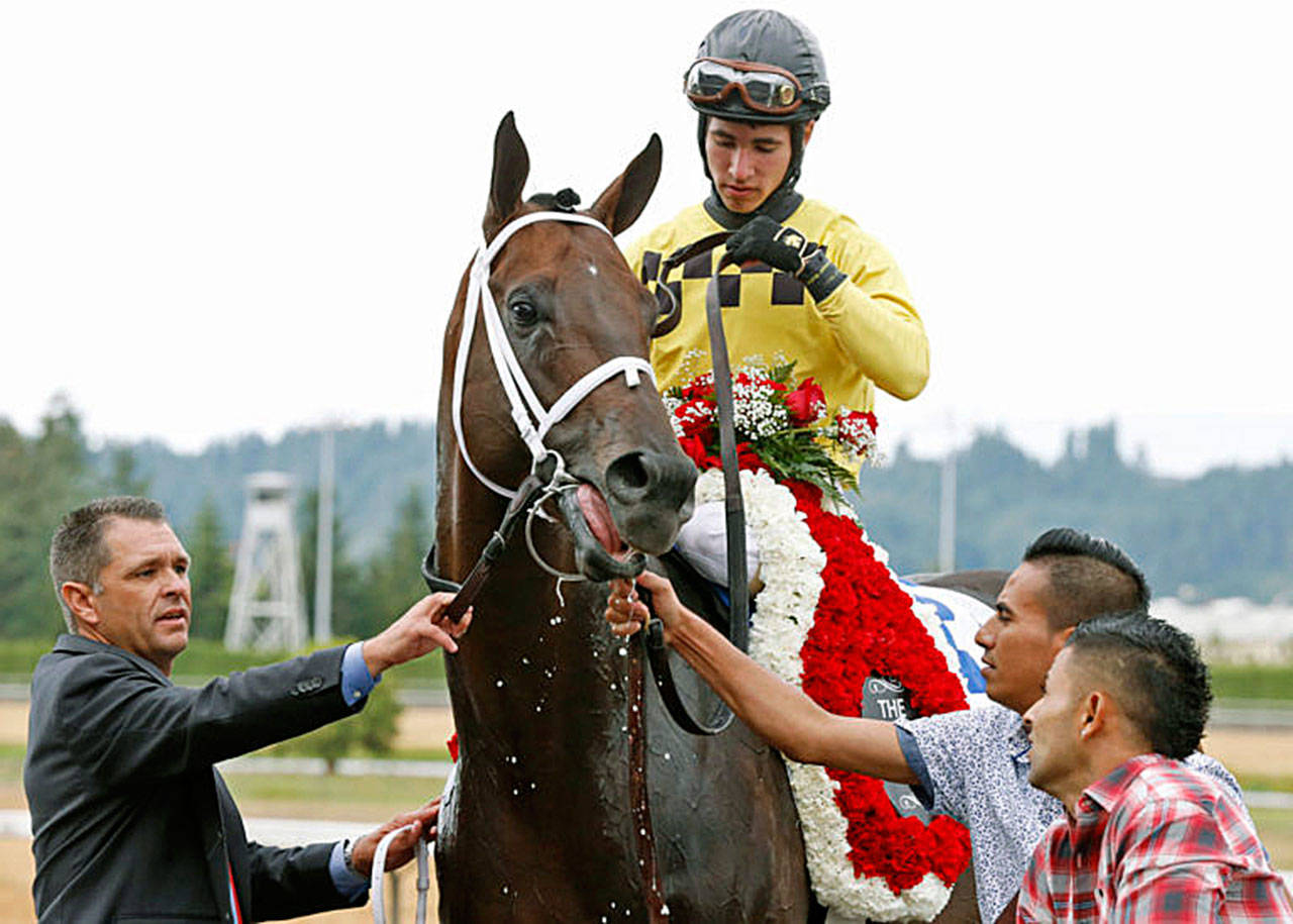 Trainer Vann Belvoir, left, meets Gold Rush Dancer, with jockey Evin Roman, after capturing the Longacres Mile last August. COURTESY PHOTO, Emerald Downs