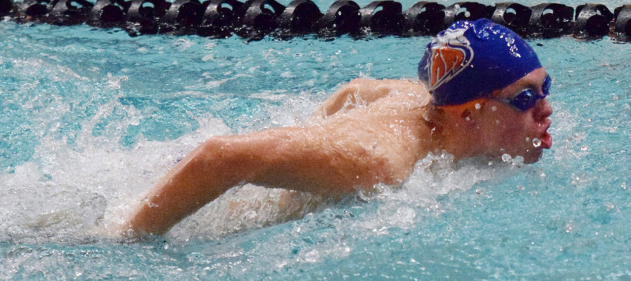 Auburn Mountainview’s Chase Murphy charges to victory in the 100-yard butterfly during the NPSL Olympic swim dual meet Jan. 18. Murphy won in 57.22 seconds. RACHEL CIAMPI, Auburn Reporter