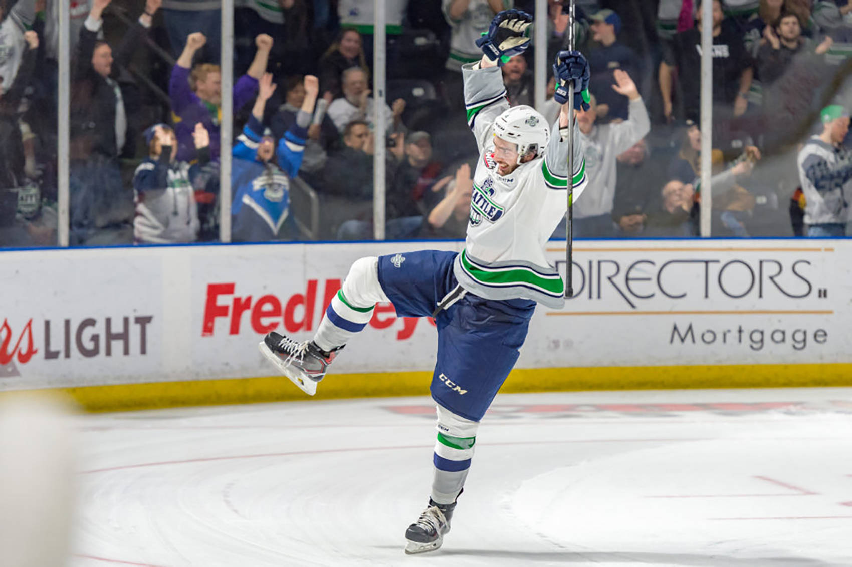 The Thunderbirds’ Turner Ottenbreit celebrates after scoring the decisive, shootout goal against Swift Current at the accesso ShoWare Center on Saturday night. COURTESY PHOTO, Brian Liesse/T-Birds