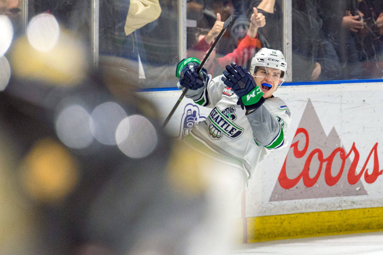 The Thunderbirds’ Donovan Neuls exults after scoring the game-winning, shootout goal against the Wheat Kings on Tuesday night. COURTESY PHOTO, Brian Liesse/T-Birds