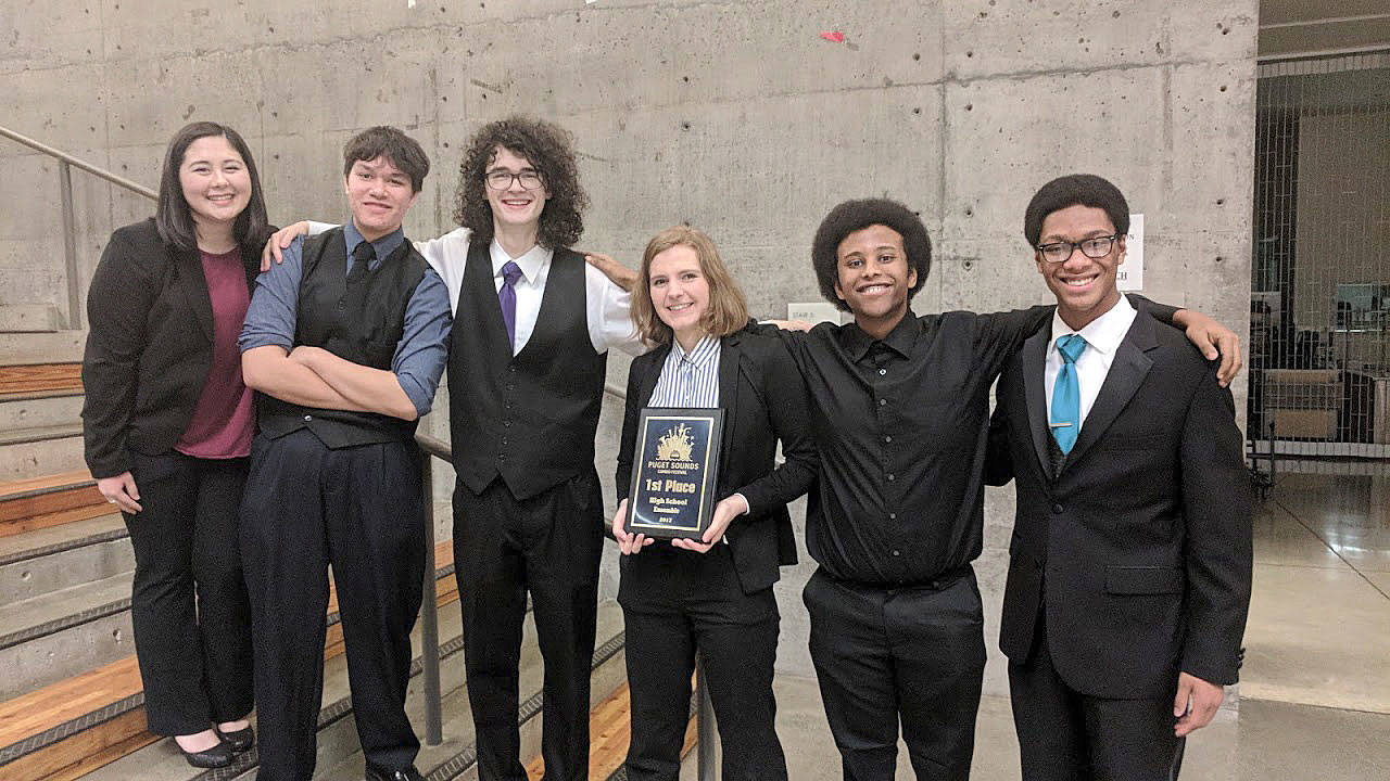 The Auburn Riverside Jazz Combo took first place at the recent Puget Sounds Festival. Members are, from left: Elizabeth Harvey, Justin Millus, Jacob Campbell, Kaelyn Morgan, Melaku Akalwold and Jalen Terry. COURTESY PHOTO