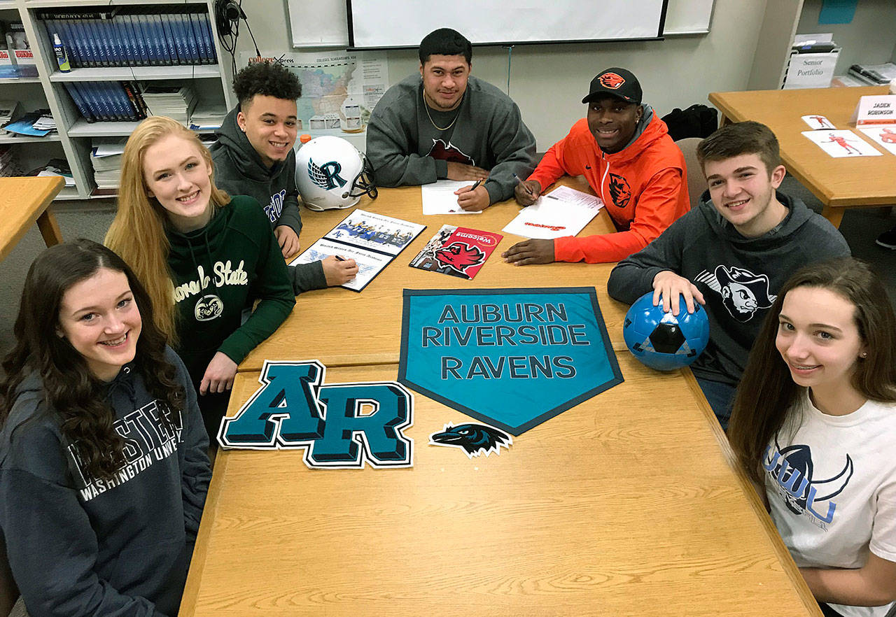 Top student athletes at Auburn Riverside High School signed college scholarships on national letter-of-intent day, Feb. 7. They were, from left: Anna Maracich (Western Washington University, volleyball); Ciera Zimmerman (Colorado State, volleyball); Isaiah Prescott (Air Force Academy, football); Tiano Malietufa (Central Washington, football); Jaden Robinson (Oregon State, football); Riley Dunne (South Dakota School of Mines Technology, soccer) and Calley Heilborn (Western Washington, volleyball). MARK KLAAS, Auburn Reporter