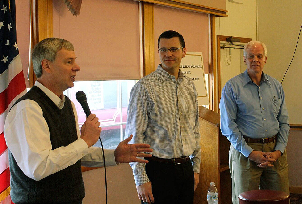 From left, Rep. Pat Sullivan, Sen. Joe Fain and Rep. Mark Hargrove discuss issues during last year’s town hall meeting in Kent. COURTESY PHOTO