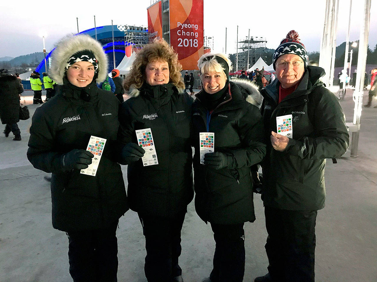 Enjoying their visit to the Olympic Games in South Korea is the Auburn delegation, from left: Lucky Backus; her mother, Mayor Nancy Backus; Duanna Richards, the City’s Sister City liaison and community programs coordinator; and Doug Lien, the City’s manager of economic development. They traveled at the invitation of host city Pyeongchang, which counts Auburn as its only American Sister City. COURTESY PHOTO