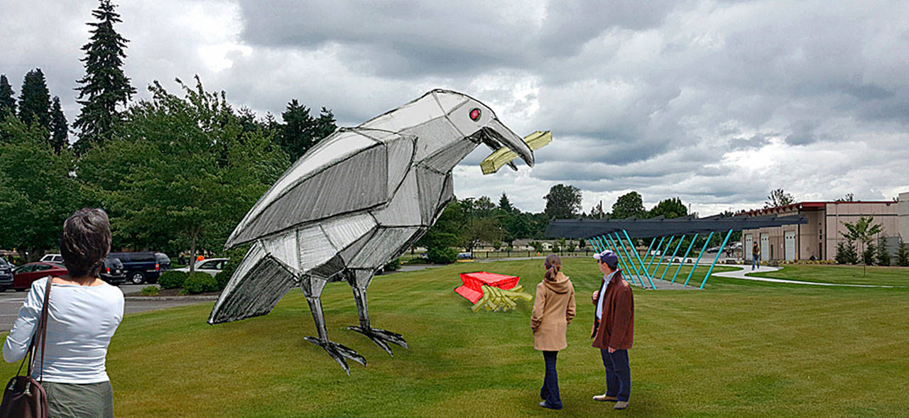 Pacific Northwest Metal Sculptor Peter Reiquam imagineered this 12-foot-high metal crow to commemorate Big Daddy’s long season overlooking Auburn Way South. COURTESY IMAGE