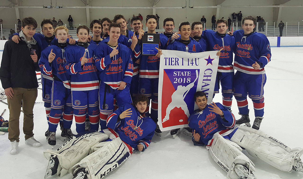 Seattle Junior Hockey Association’s 14U A1 Junior Admirals celebrate capturing the state title last weekend. COURTESY PHOTO, Vicki Alonzo