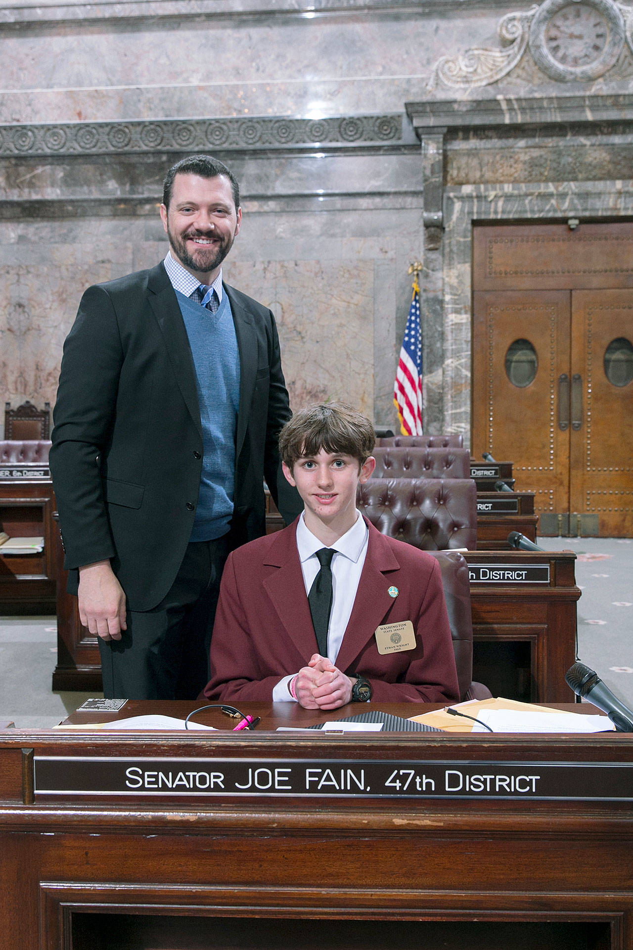 Ethan Wright on the Senate floor with his sponsor, Sen. Joe Fain, R-Auburn. COURTESY PHOTO, Washington State Legislature