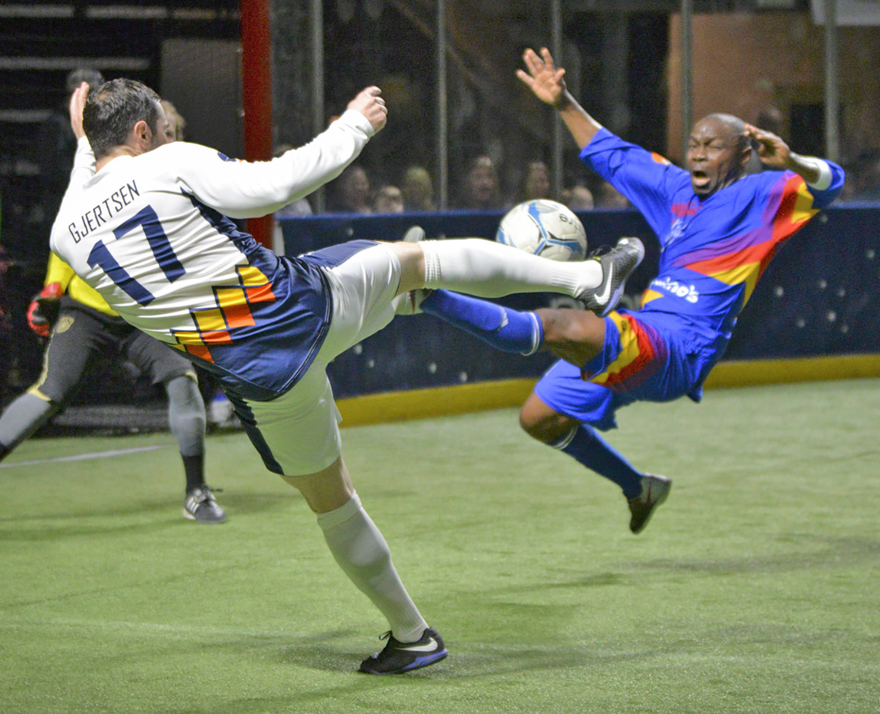 The Stars’ Joey Gjertsen, left, and the Comets’ Leo Gibson vie for the ball during MASL play Friday night. COURTESY PHOTO, Stars
